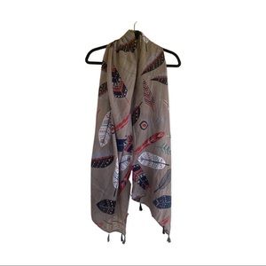 Feather Print Scarf Tan with Tassels